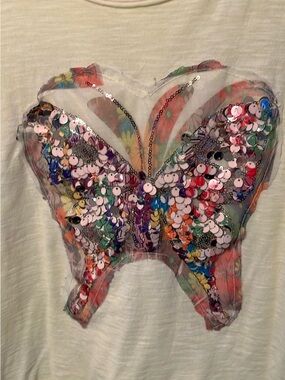 Women’s Short Sleeve multicolor Sequin Butterfly Tee -Yellow L-XL